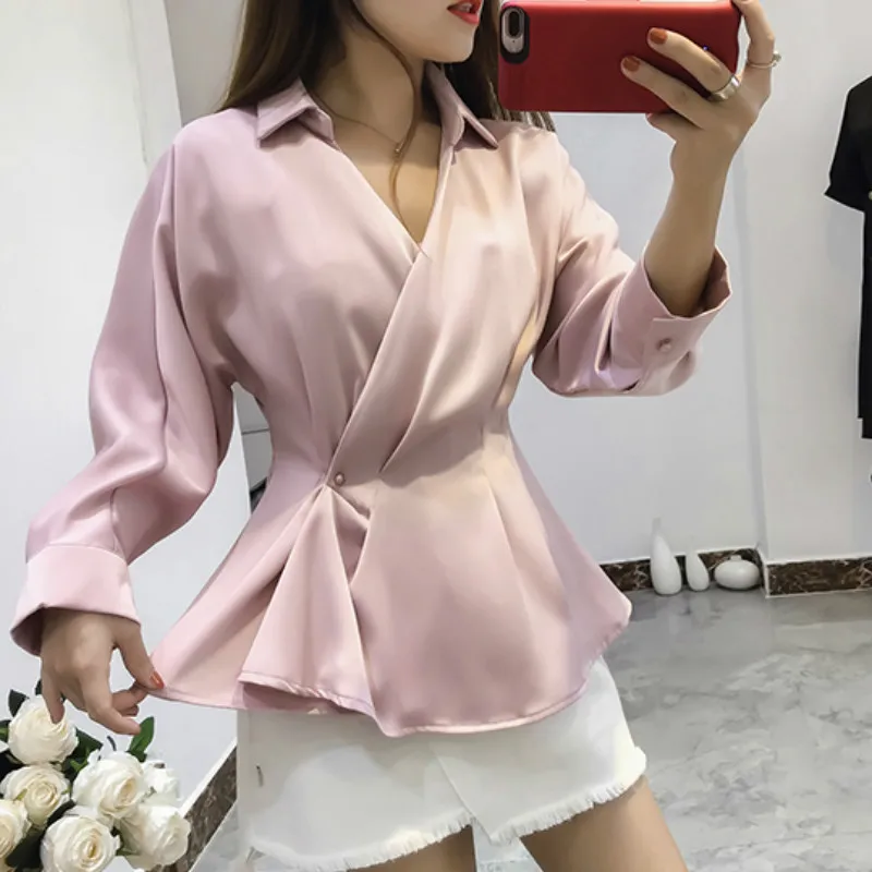 

V neck long sleeve peplum tops women full sleeve satin shirts lady satin blouses tops