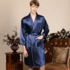 Large Size 3XL 4XL 5XL Robe Men Summer Single Nightgown Navy Blue Satin Bathrobe Kimono Gown Long Sleeve Home Dressing Gown ► Photo 1/5