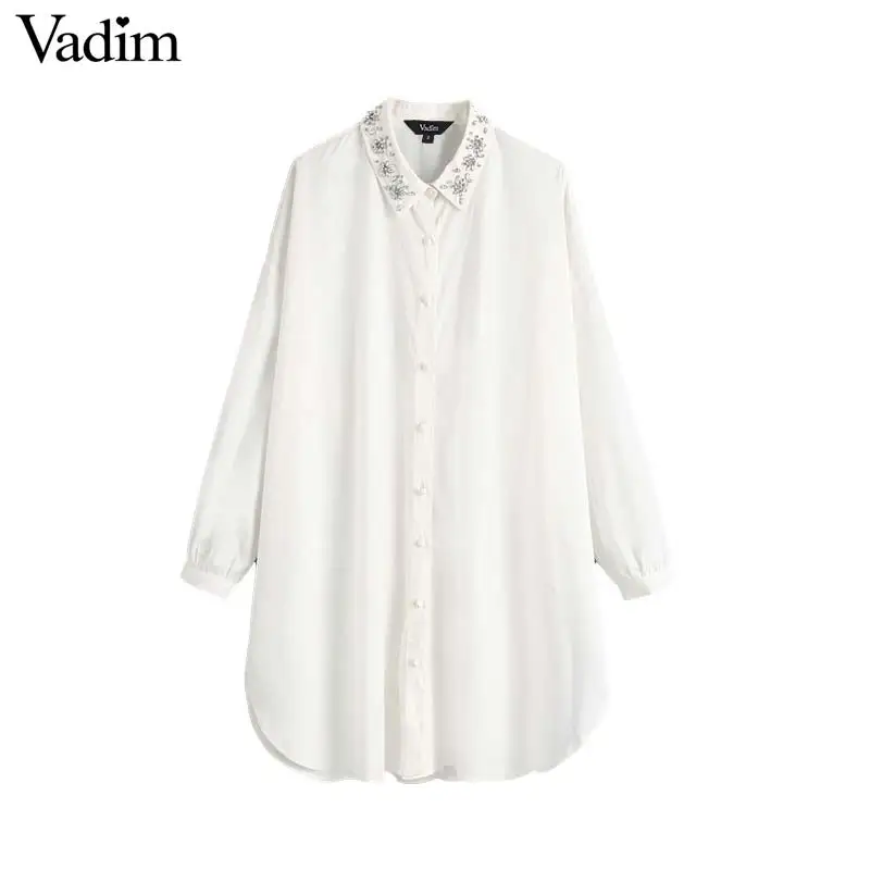 

Vadim women elegant white oversized long blouse beading diamond decorate long sleeve shirts loose casual office wear tops LB586