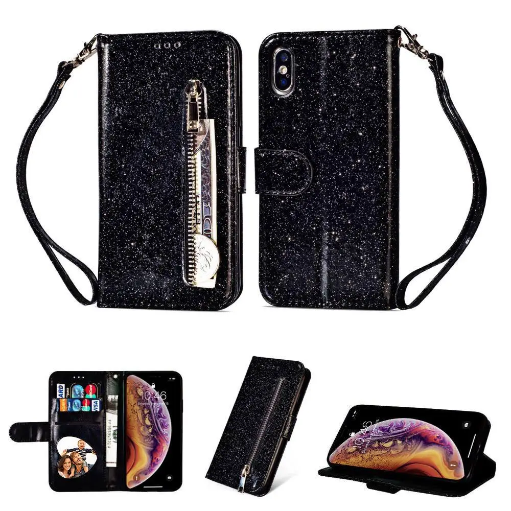 black LAPOPNUT для samsung Galaxy J4 Plus A70 A5 A6 A7 A50 A20 A3 J5 J6 M10 бумажник с застежкой-молнией из искусственной кожи с блестками Флип Чехол Крышка - Цвет: black