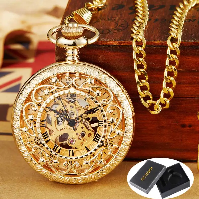 gold with box Антикварные Золотые механические карманные часы с цепочкой в стиле стимпанк, полый Скелет с ручным подзаводом, Подвесные часы для мужчин и женщин, Золотой Бронзовый подарок - Цвет: gold with box