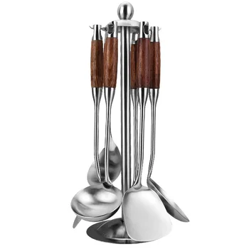

Cooking Kitchen Utensil Set with Holder, Kitchen Tool Set,304 Stainless Steel, Wood Handle , 7-Piece