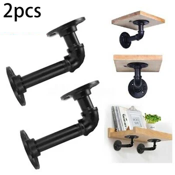 

2pcs Black Steampunk Industrial Steel Pipe Shelf Bracket Holder Decor 6x3 Retro Industrial Water Pipe Design