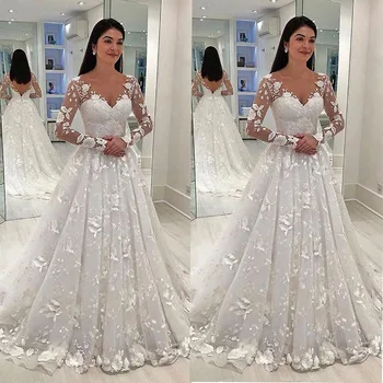 

2020 Europe and the United States cross-border dress wish dunhuang long-sleeved dress lace deep v couture dress