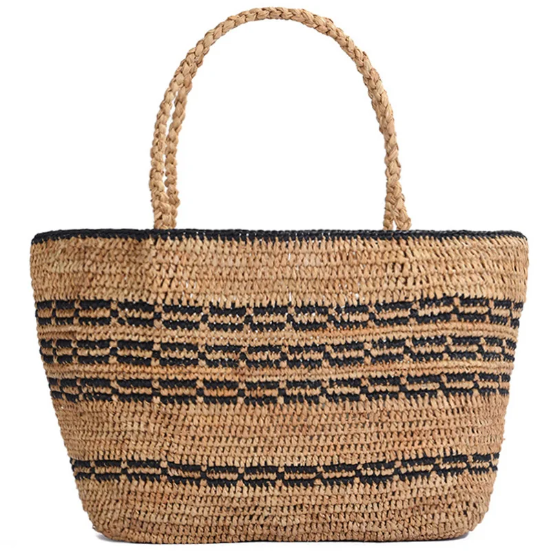 

Stylish Summer Beach Bag French Style Straw Bag Women Striped Tote Woven Hollow Out Handbags Elegant Vintage Handbags