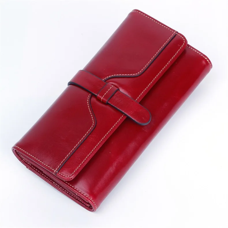 Genuine Leather Women RFID Three-fold Buckle Multi-card Oil Wax Wallet Long Cowhide Multiple Cards Holder Clutch Female Purse | Багаж и