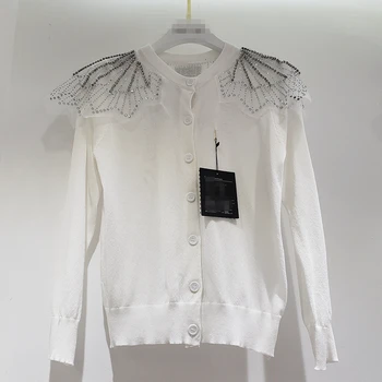 

Heavy Industry Lace Diamond Large Lapel Long Sleeve Sunscreen Knitted Shirt Loose Top Women's Fashion White Knit Bottom Shirts