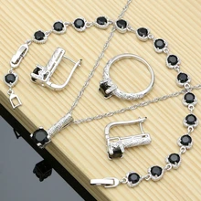Изысканные 925 серебряные ювелирные изделия Черный CZ комплекты украшений для женщин серьги кулон кольца Набор браслетов и ожерелье