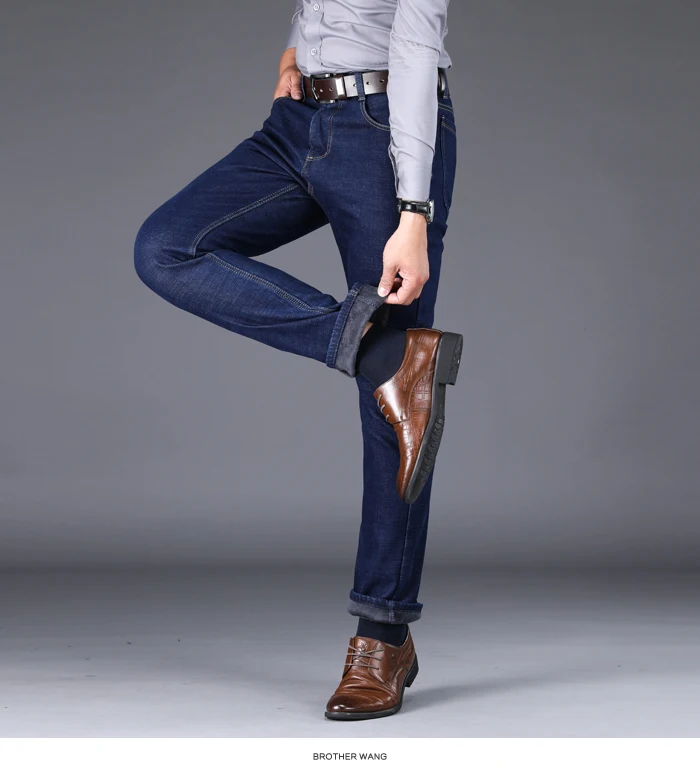 2019 зима новый мужской теплый, Облегающая посадка джинсы бизнес мода утолщаются джинсовые брюки флис стрейч Брендовые брюки черный синий