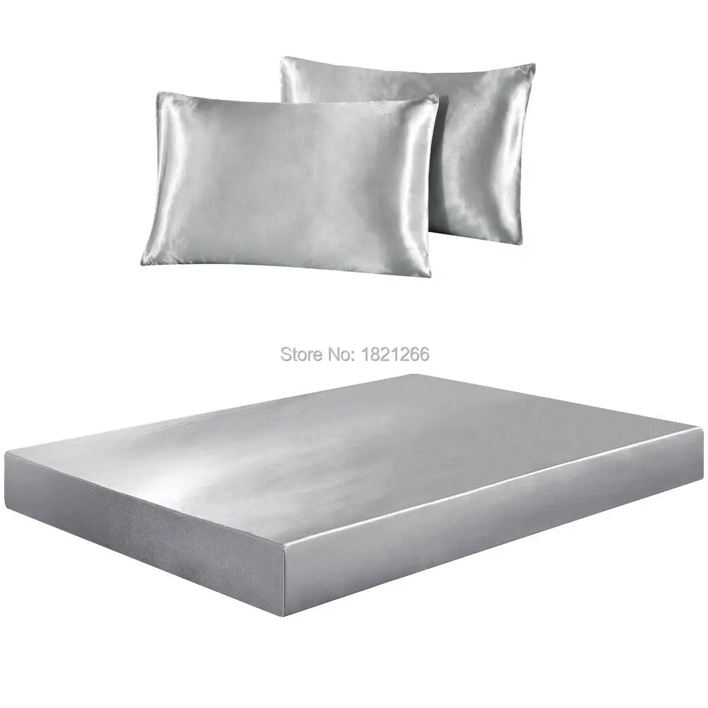 

Super Soft Satin Silk Fitted Sheet Pillowcase Mattress Cover Bed Sheet Set Deep Pocket Fully Elastic Band Twin Full Queen King