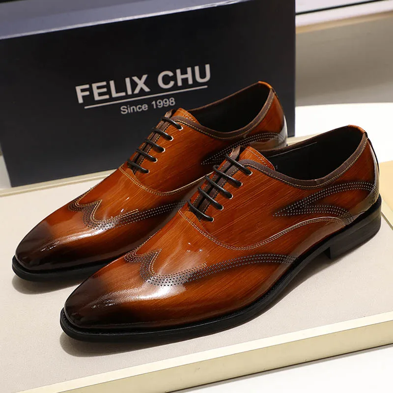 

FELIX CHU 2019 Mens Dress Shoes Patent Leather Smooth Brown Black Wingtip Oxford Shoes Lace Up Man Office Business Formal Shoes