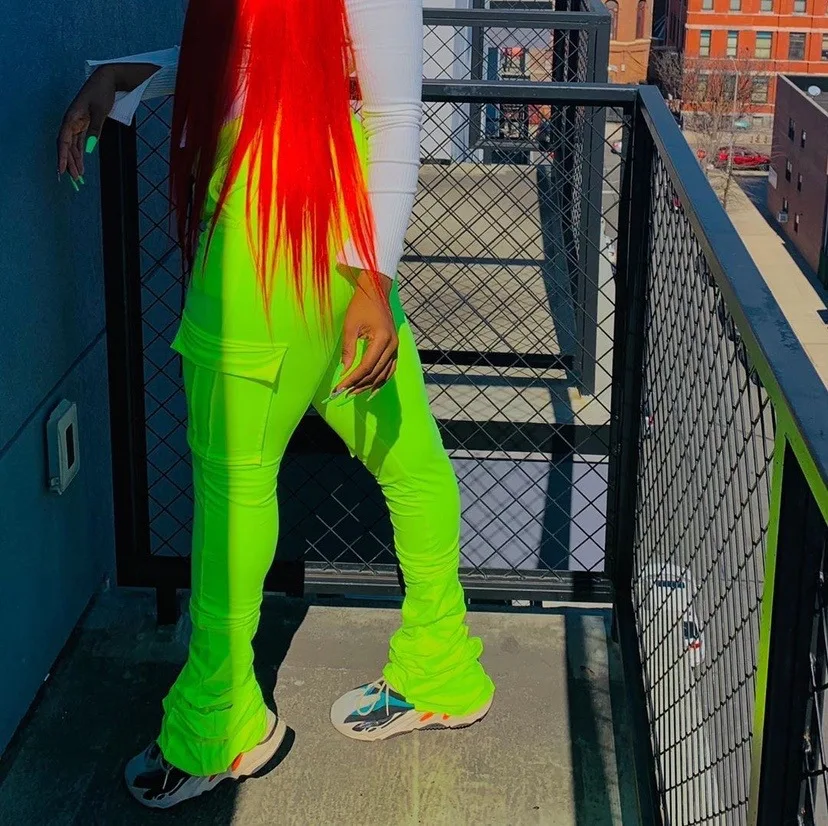 Flare Cargo Pants Women Neon Green High 