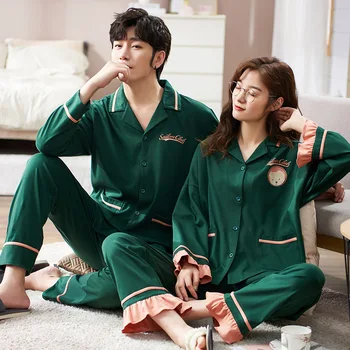 

XIFER Autumn Lapel Cotton Pajamas Men Long-sleeved Trousers Two-piece Simple Fashion Loose Couple Home Service Suit Size To XXXL