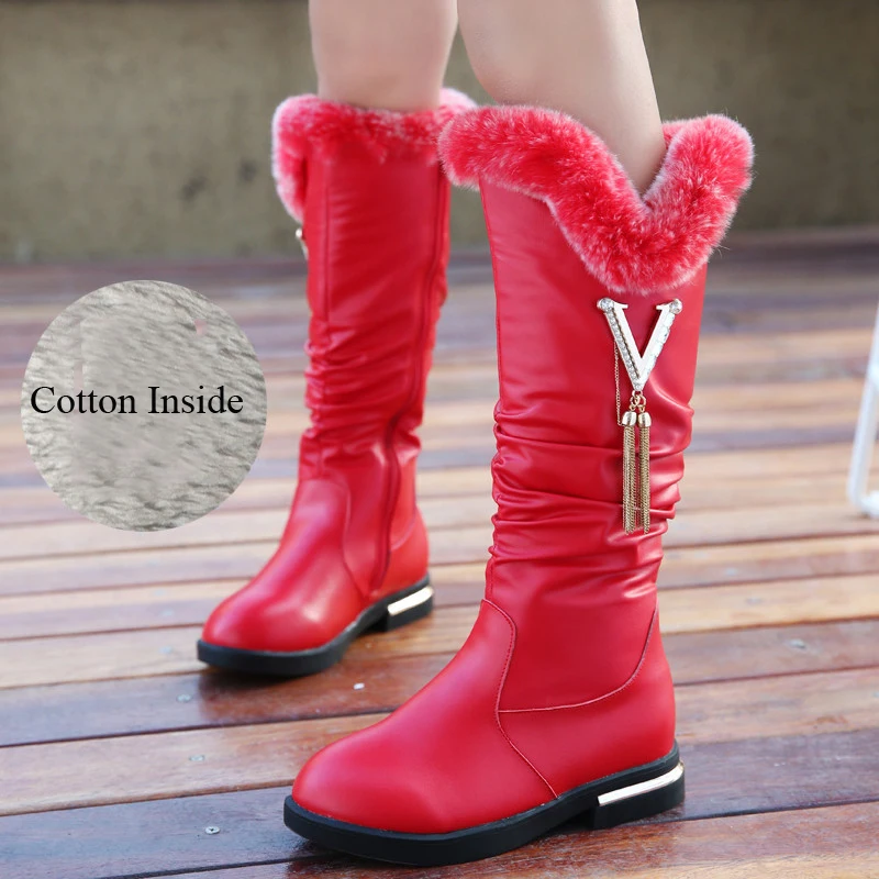 Детские зимние сапоги из натуральной кожи; модные сапоги выше колена для девочек; милые теплые сапоги принцессы с натуральным кроличьим мехом - Цвет: red velvet style