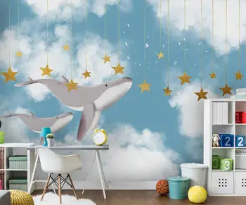 

CJSIR Custom 3d Wallpaper Mural Nordic Creative Hand Painted Sky White Cloud Whale Star Children Room Background Wall Paper