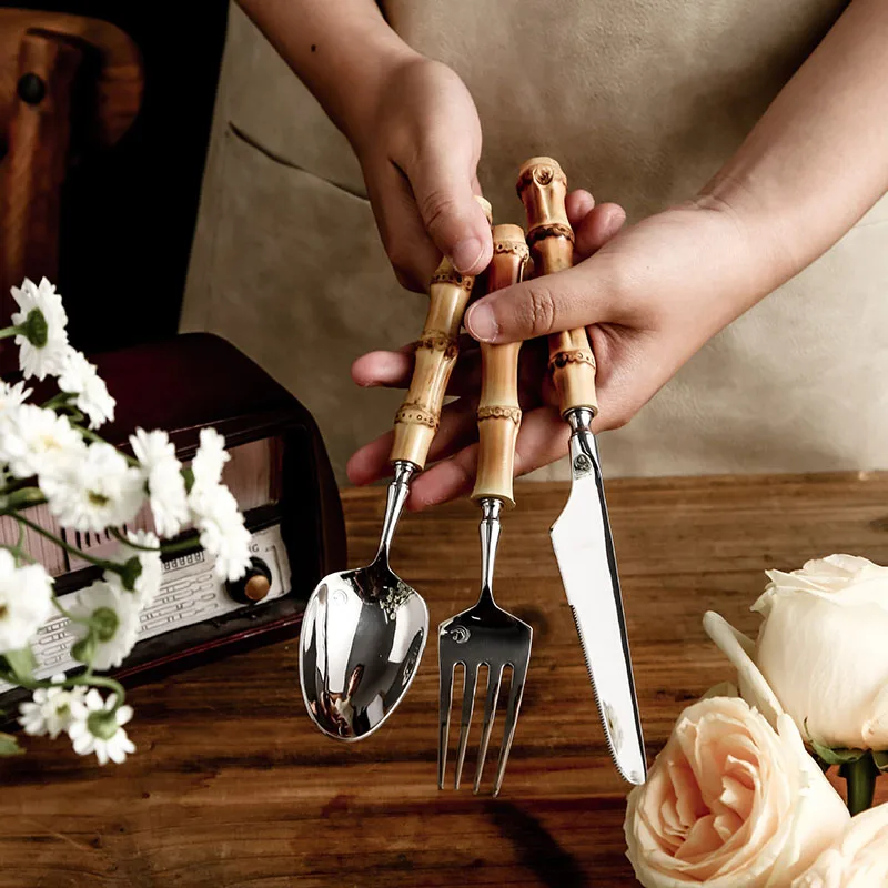 16 24PCS Creative Bamboo Handle Stainless Steel Tableware With Steak Knives Flatware Knives Set Includes Dessert Spoon Forks