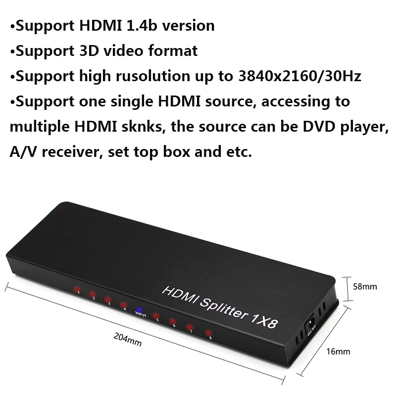 Divisor de Vídeo Amplificador de Áudio 1 em para 8 Hdmi 8 Portas Repetidor 3d 1080p Fora Divisor Conversor Hdtv 4 k * 2k 1x8 - Image 3