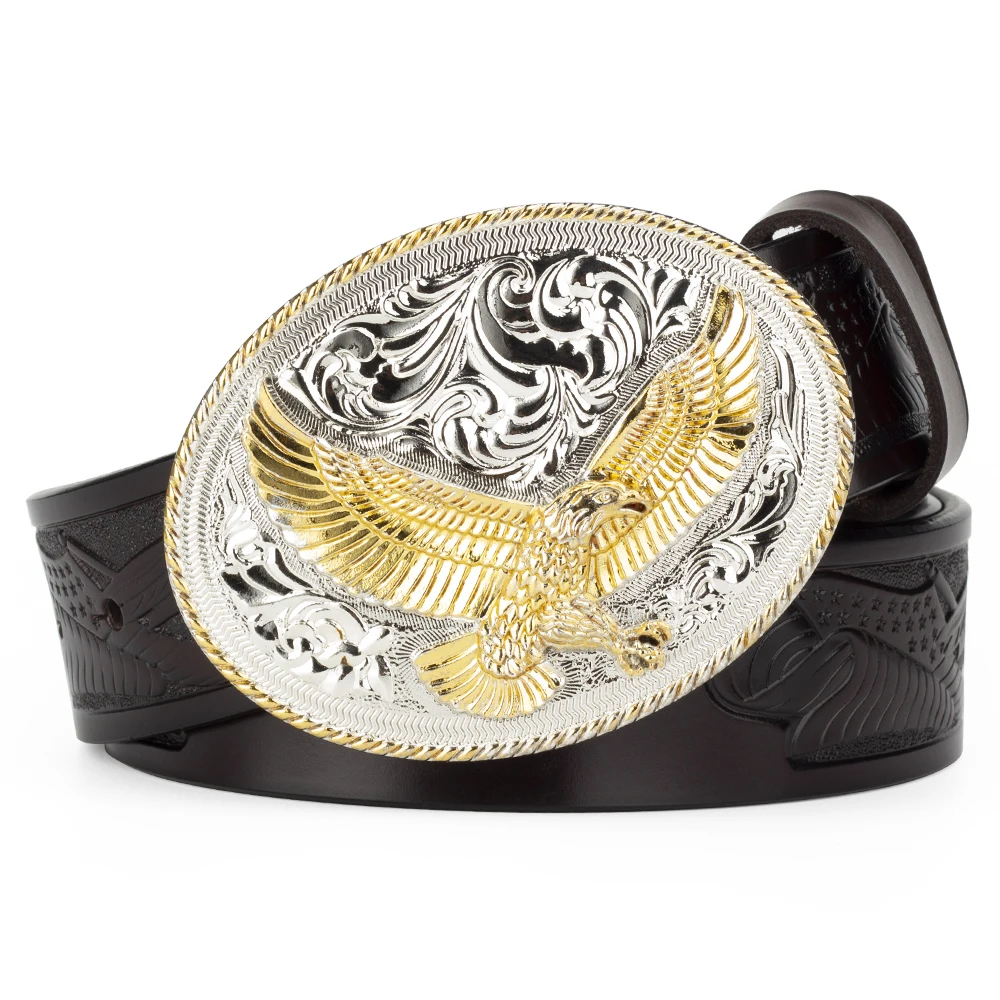 Leather Belt Male Embossed Gold Alloy Buckle Eagle Western