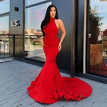 Сексуальное длинное вечернее платье без рукавов с высокой горловиной и открытой спиной