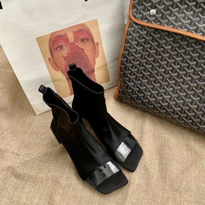 as pic Женские ботинки; сезон весна-осень; Прозрачные ботинки из пвх; Botas Feminina; полусапожки на среднем каблуке; женская обувь с квадратным носком - Цвет: as pic