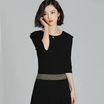 

New ladies solid color five-point sleeve round neck slim chiffon T-shirt red