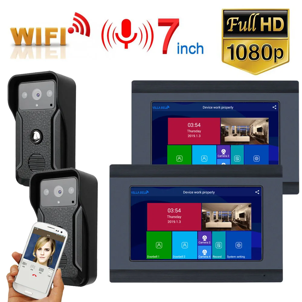1080P 7 дюймов беспроводной/wifi умный IP видео дверной звонок Домофон с 3 ночного монитор для зрения+ 2 камеры - Цвет: 2 Monitor 2 Camera