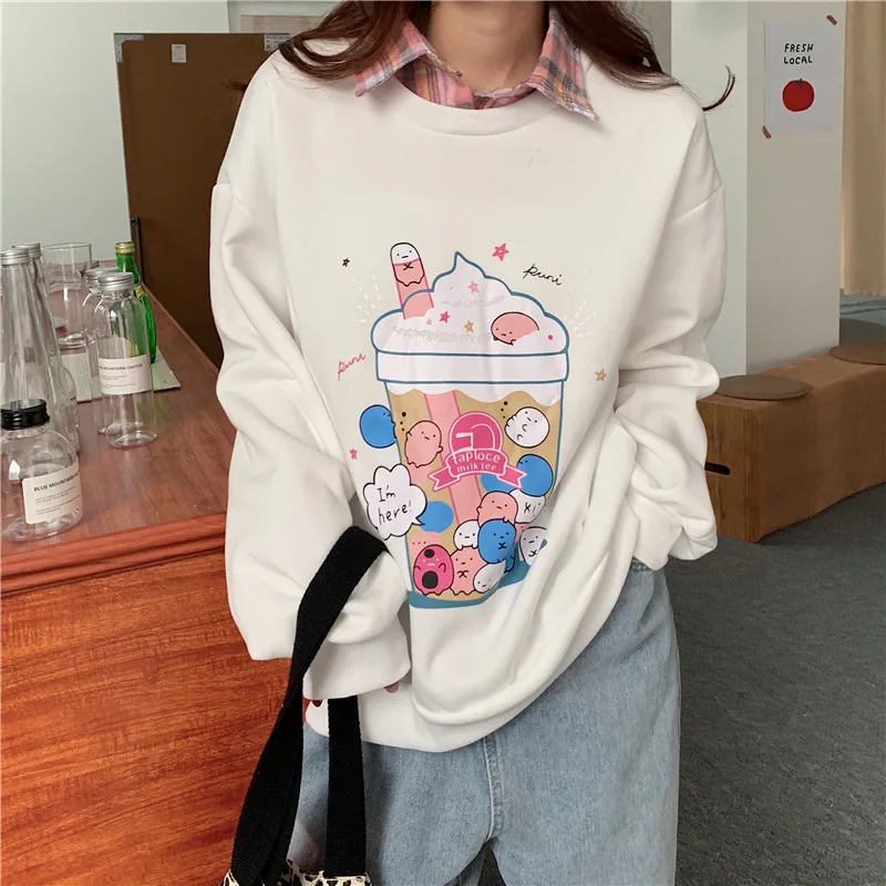 

Winter Clothes Women Thicken Pullover Fleece Sweatshirt Casual Cartoon Printed Loose Fake Two-piece Coat Plaid Patchwork Hoodies