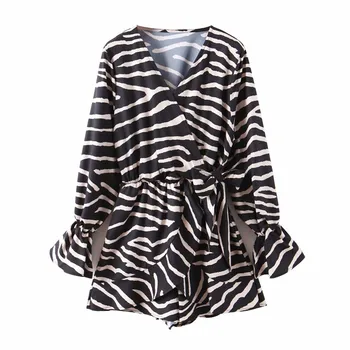 

Vintage chic animal pattern print playsuits cross V neck elastic waist bow tie sashes female sexy stylish jumpsuits