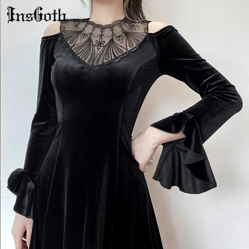 

InsGoth Vintage Black Goth Lolita Dress Aesthetic Elegant Sexy Lace Dress Partynight Long Ruffle Sleeve High Waist Mini Dresses