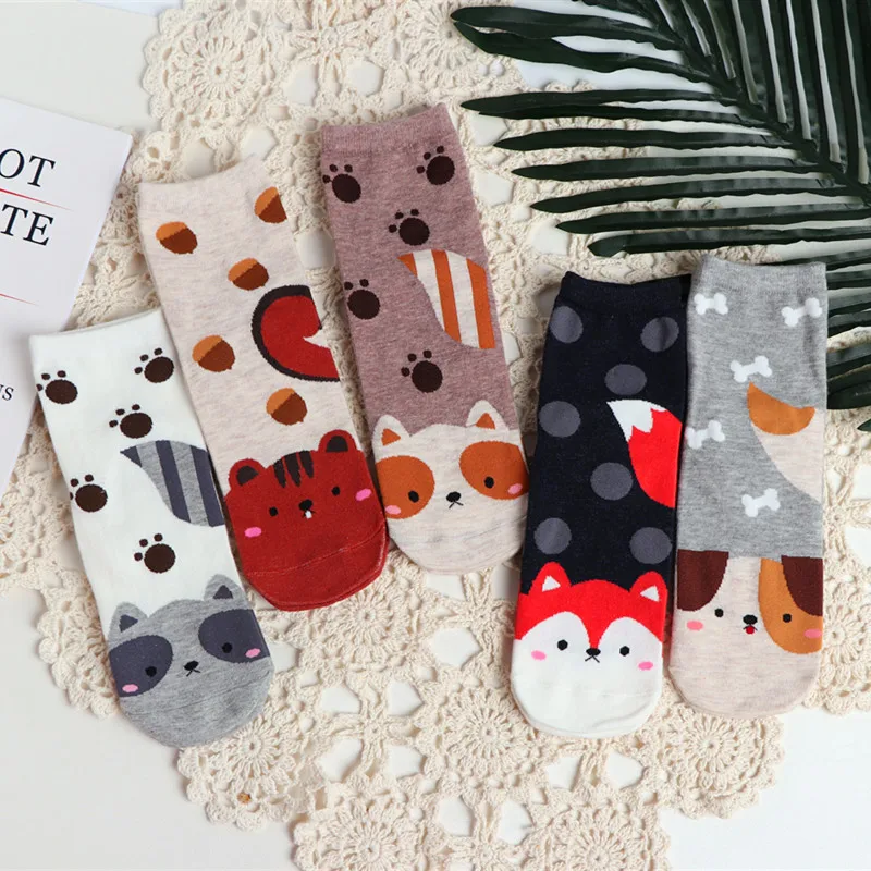 

5 Pairs Women Cartoon Happy Socks Cat Small Dog Animal Crew Socks Cotton Slippers Autumn Winter Girls kawaii Cute socks