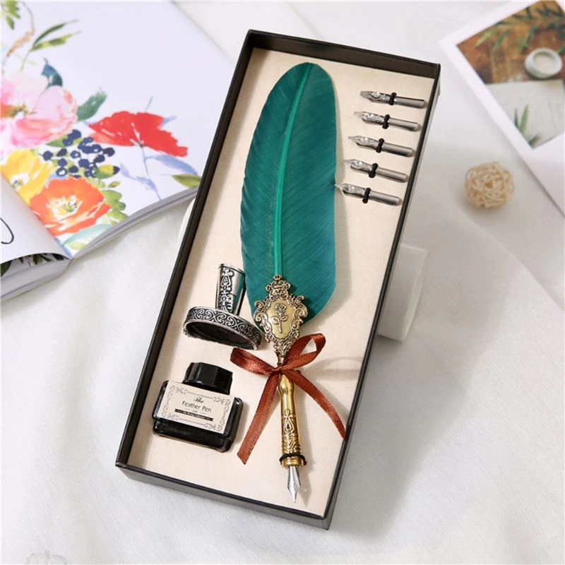 Retro Vintage Quill Feather Pen Calligraphy Dip Set For Writing Gift Box Retro Vintage Quill Feather Pen Calligraphy Dip Set For Writing Gift Box