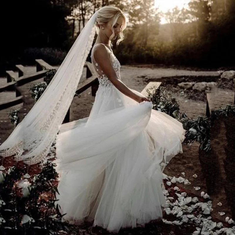 Свадебное платье трапециевидной формы с v-образным вырезом, свадебное платье в стиле бохо, цветочное кружевное Тюлевое свадебное платье, Vestido de novia