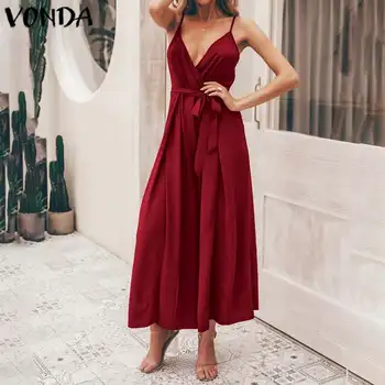 

VONDA Rompers Plus Size Womens Jumpsuits 2020 Summer Sexy Wide Leg Pants Beach Long Playsuit Casual Loose Overalls