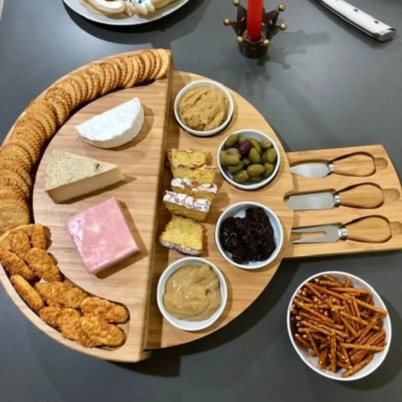 Cheese Board Cutlery Cutter Set with Slide Out Drawer Cooking Tool Slicer Fork Scoops Cut Wooden Cheese Plate Kitchen Tools