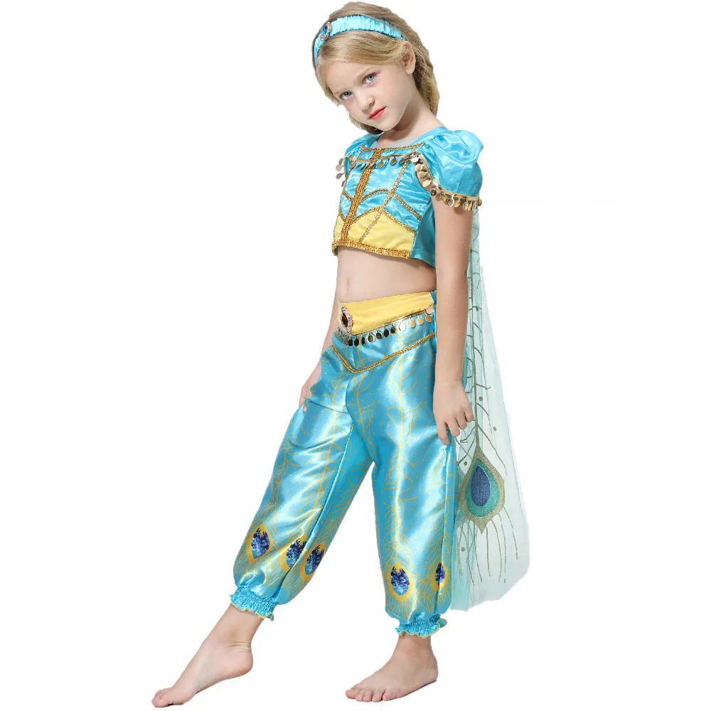Алладин Принцесса Жасмин костюмы для девочек детская одежда нарядное платье на Хэллоуин шифоновая одежда для костюмированной вечеринки топы и штаны плащ