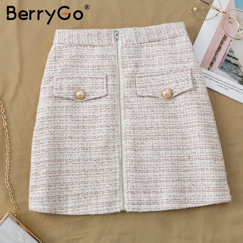 BerryGo Elegant office tweed warm faux fur Two-piece suits women Casual ladies Autumn winter fashion coat skirt two-pieces sets