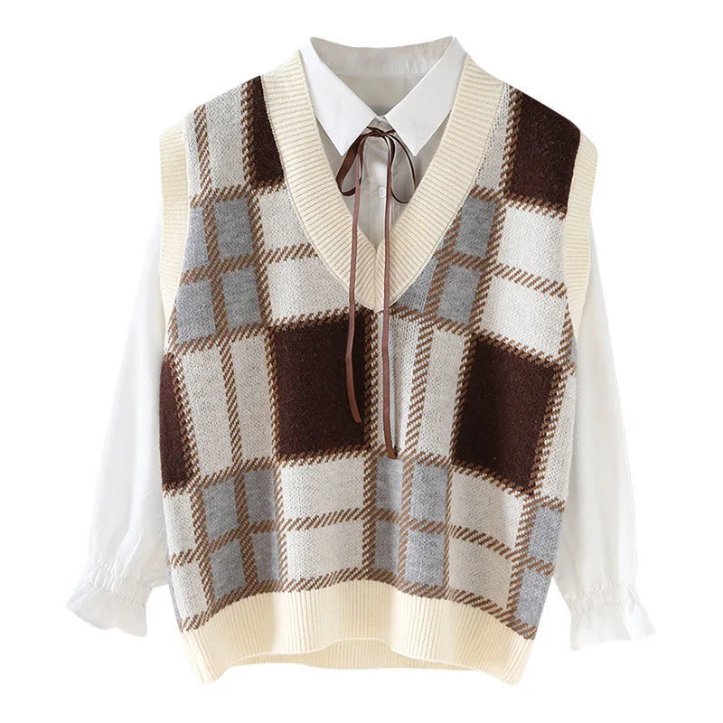 

Knit Vest Women Sweater Vintage England Style Sleeveless V-necked Jumper Winter Clothing Female Knitting Toppies