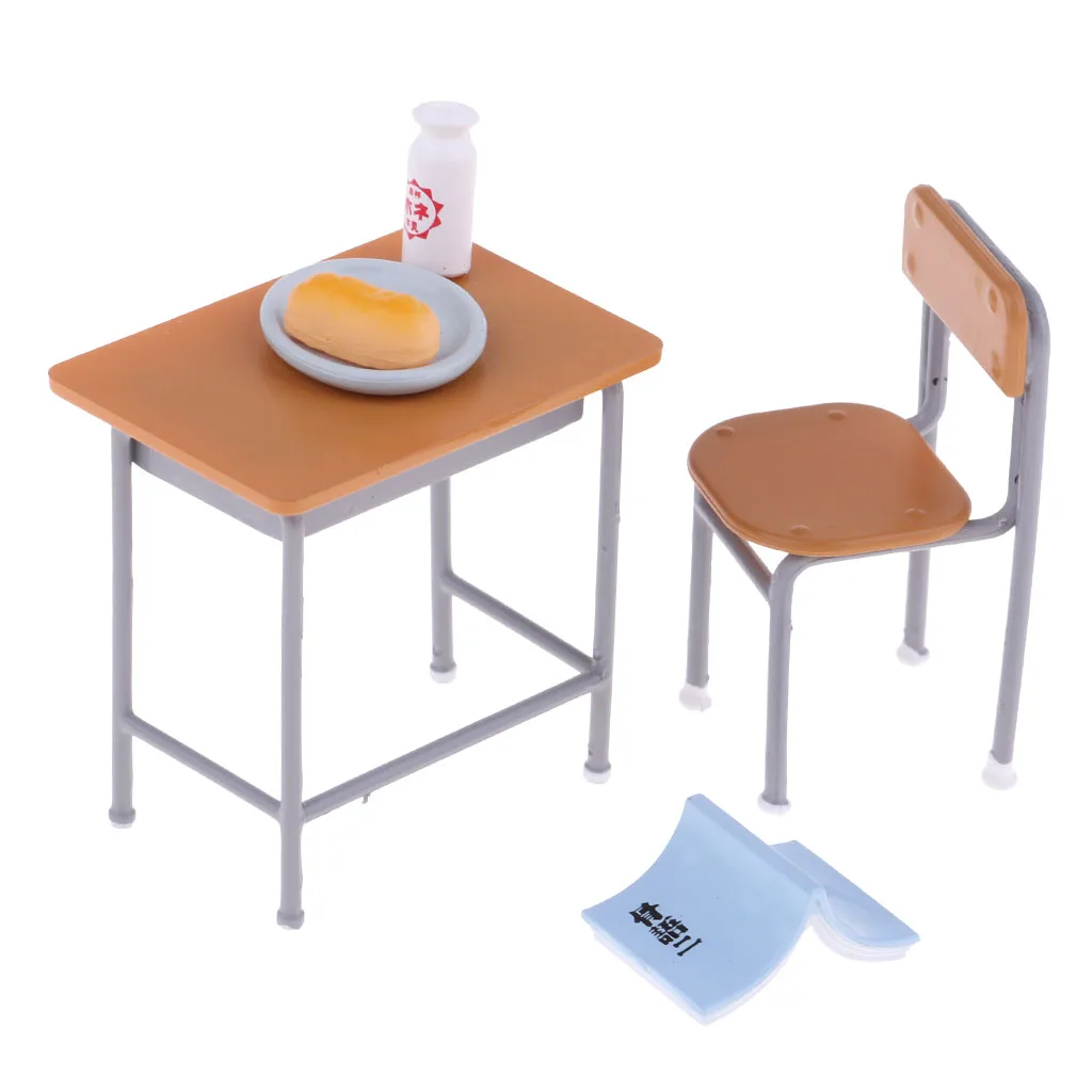 Dollhouse Miniature 6 Pieces School Desk Chair Set Study Room Furniture Model Decor Photography Props