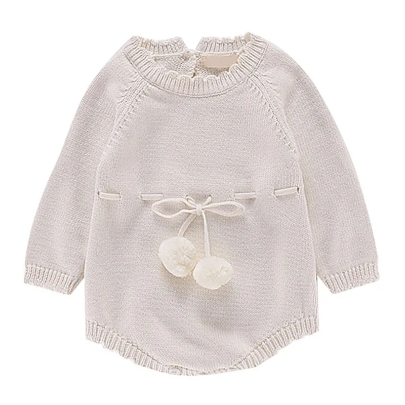 Зимний свитер для маленьких девочек от 0 до 24 месяцев милый детский вязаный комбинезон с длинными рукавами и помпонами; Одежда для новорожденных