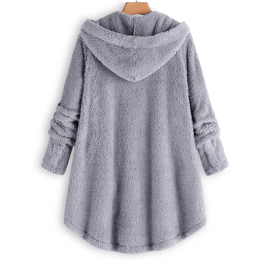 Women New Winter Plus Size S-5XL Button Coat Fluffy Tail Tops Hooded Pullover Loose Oversize Coats Warm Outwear for Fashion