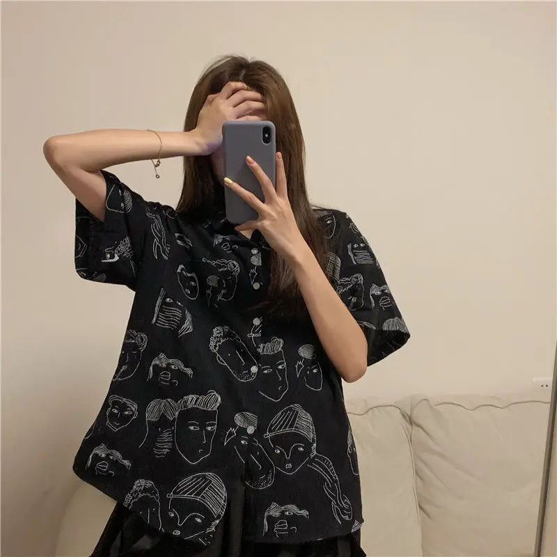 Женская рубашка QWEEK в стиле Харадзюку летняя блузка Корейском черная на