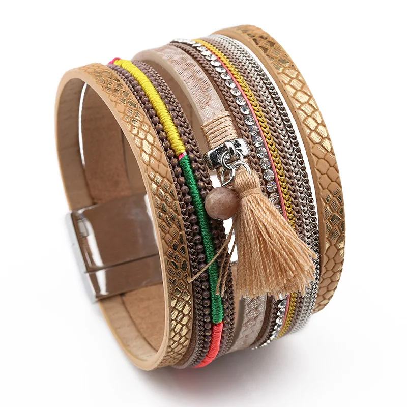 Новое поступление, модные ювелирные кожаные браслеты для женщин, 5 цветов, многопользовательские богемные браслеты, женские браслеты и браслеты - Окраска металла: khaki