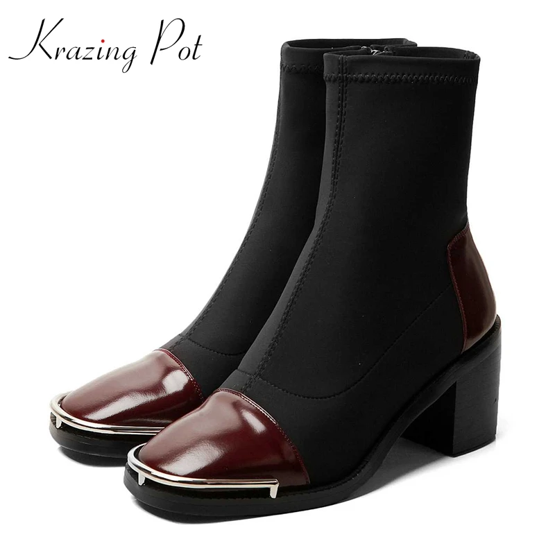 

krazing pot new natural cow leather fashion boots round toe metal fasteners high heels winter streetwear stretch ankle boots l31