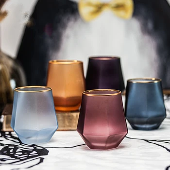 

Geometry frosted Whiskey Glass Diamond Glass Cup Golden Rim Transparent Coffee Milk Mug Home Bar colored drinkware Couple Gifts