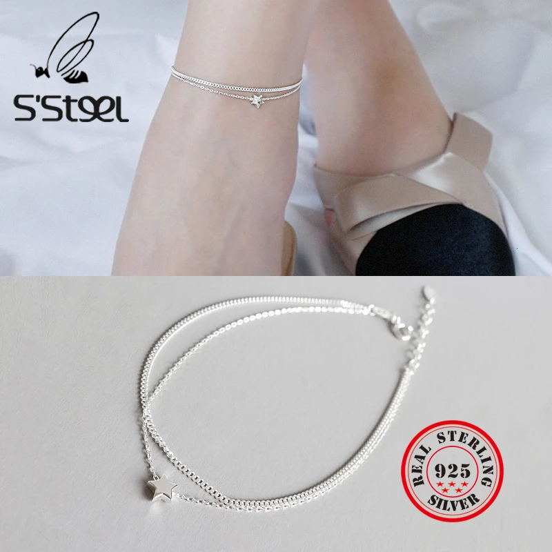 

S'STEEL Minimalism Double Deck Chain Stars 925 Sterling Silver Anklets For Women Foot Ornaments Bracelet String Fine Jewelry