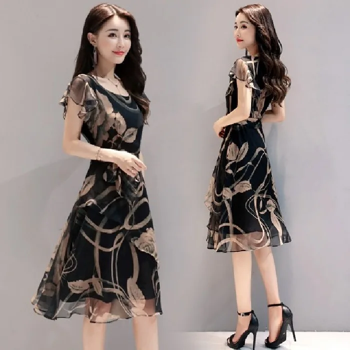 

Autumn New Style WOMEN'S Dress Korean-style Slimming Large Size Floral Printed Dress-Style Elegant Short Sleeve Midi-skirt A- li