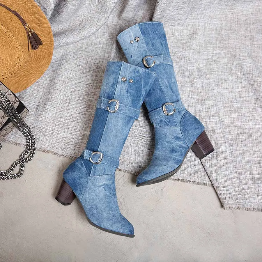Женские ботинки до середины икры зимние ботинки на квадратном каблуке из хлопчатобумажной ткани женская джинсовая обувь на молнии ботинки с круглым носком и металлической пряжкой; размеры 34-48 - Цвет: Light Blue