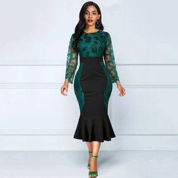 

Women 2019 Green Elegant Mermaid Dress Long Sleeve Lace Maxi Dresses Plus Size High Waist Patchwork Cocktail Dress