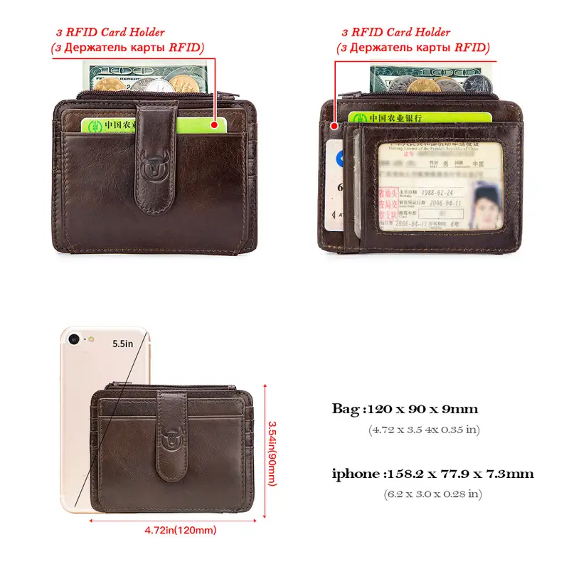 BULLCAPTAIN Genuine Leather RFID Blocking Zipper Card Holder Credit Cart Wallet Mini Slim Wallet Card & Id Holders Man Business - Image 5