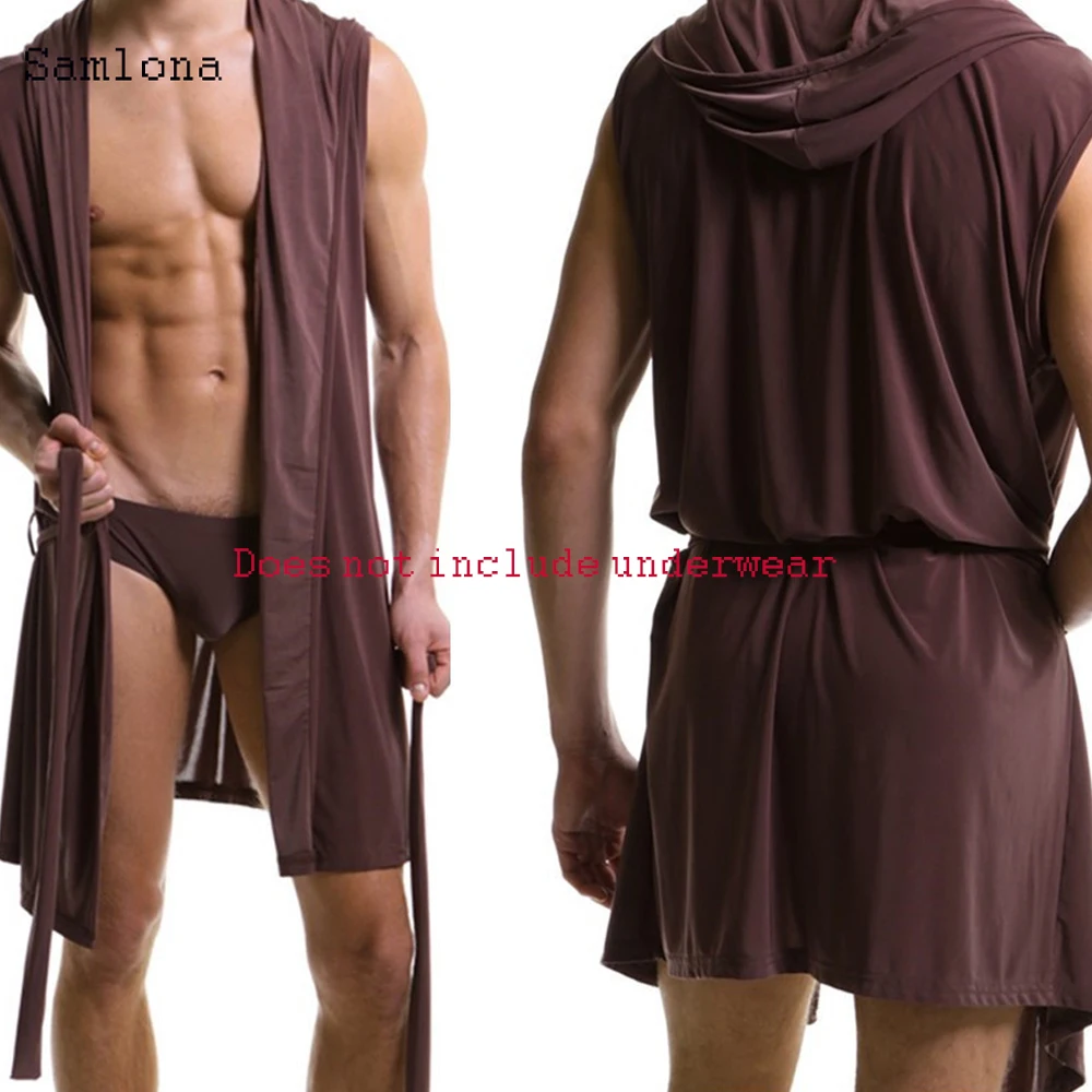 

2020 Western Home Casual shawl Hooded sleeveless Coat Mens Fashion Drawstring Waist Straight hem X-Long Men Vest No panties